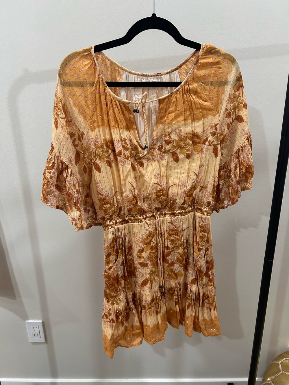 Spell & The Gypsy Ophelia Mini Dress Mustard Floral Metallic Stripe Size M - Picture 7 of 10